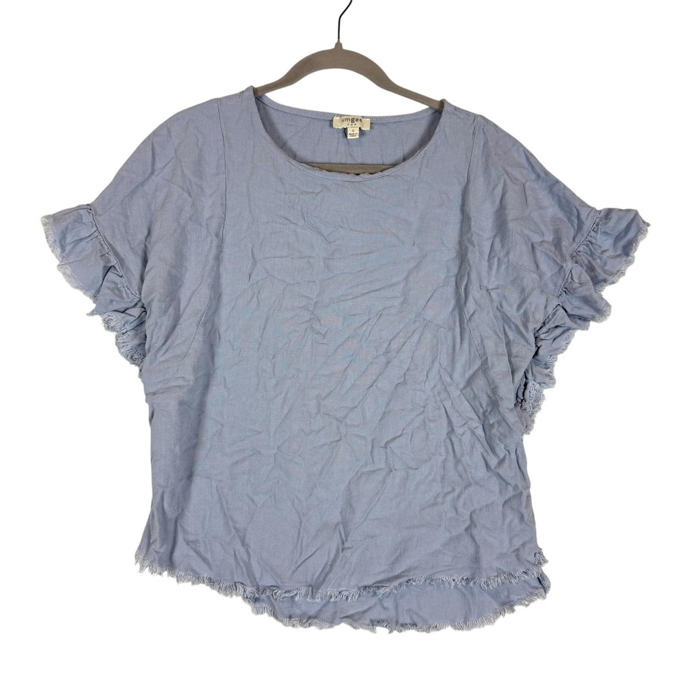 Umgee USA Blouse Womens Small Blue Fringe Flutter Sleeve Linen Boho Top